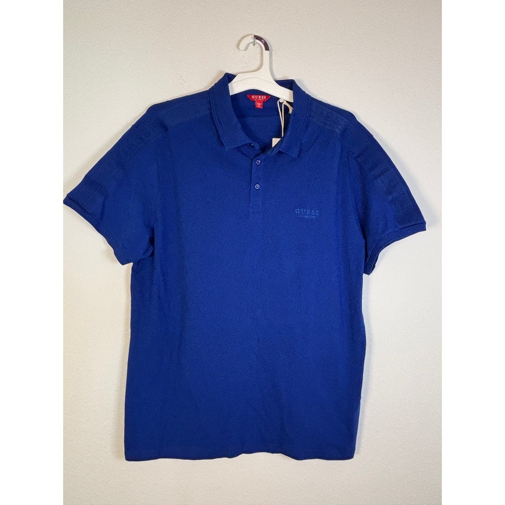 Guess Los Angeles Mens XL Blue Organic Cotton Logo Tape Polo Shirt G7X3 X3YP09K
